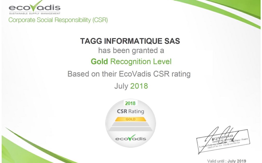 Évaluation ECOVADIS : TagG Informatique obtient le score gold de 64/100 !